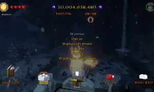 Menu gry Lego Hobbit. Widać postać Saurona, serduszka życia, punkty, procent ukończenia, a także opcje takie jak "Dodatki" i "Wznow", które mogą być powiązane z lego hobbit kody.
