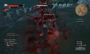 Geralt w ferworze walki z Dettlaffem zadaje potężne ciosy. Krew tryska, a potwór słabnie.
