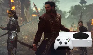 Postacie z Baldur's Gate 3 na tle płonącego krajobrazu, obok konsoli Xbox Series S i kontrolera.