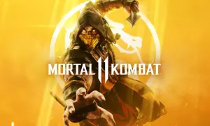 Scorpion w akcji, gotowy do walki w Mortal Kombat 11. W tle logo gry i symbol smoka.