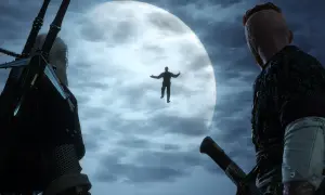 Geralt i Dijkstra patrzą na unoszącą się postać. Czy to ten, kto sieje wiatr w Wiedźminie 3?
