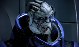 Zbliżenie na twarz Garrusa Vakariana, bohatera Mass Effect 2, który w grze oferuje opcję romansu.