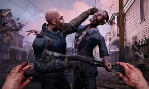 Intensywna walka w grach o zombie. Gracz walczy z potworem, który ma rozszarpaną głowę. W tle widać inne zombie i zniszczone domy.