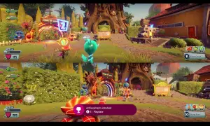 Gry split screen Xbox w Plants vs. Zombies. Dwa ekrany pokazują kolorową, kreskówkową rozgrywkę z postaciami roślin i zombie.