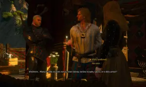 Geralt z Rivii w zbroi rozmawia z młodym mężczyzną i kobietą. W tle widać wnętrze karczmy w Wiedźmin 3.