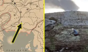 Mapa RDR2 wskazuje miejsce poszukiwań kości dinozaurów. Postać w kapeluszu kopie w ziemi.