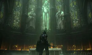 Rycerz w zbroi przed ołtarzem w katedrze. Witraże przedstawiają postacie. To scena z gry Demon's Souls, idealna do poradnika.