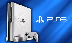 Biała konsola PlayStation 6 z kontrolerem na niebieskim tle.