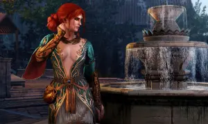 Triss Merigold z Wiedźmina 3, w zielono-złotej sukni, przy fontannie. Czy jej decyzja w kwestii życia i śmierci wpłynie na losy świata?