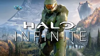 Master Chief w zbroi z gry Halo Infinite stoi na tle górskiego krajobrazu z latającym pojazdem i strukturami UNSC.