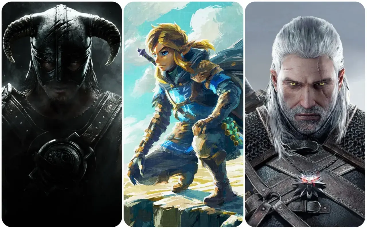 Trzy postacie z gier: wojownik z hełmem z rogami, Link z The Legend of Zelda i Geralt z Wiedźmina. To najlepsze gry singleplayer.