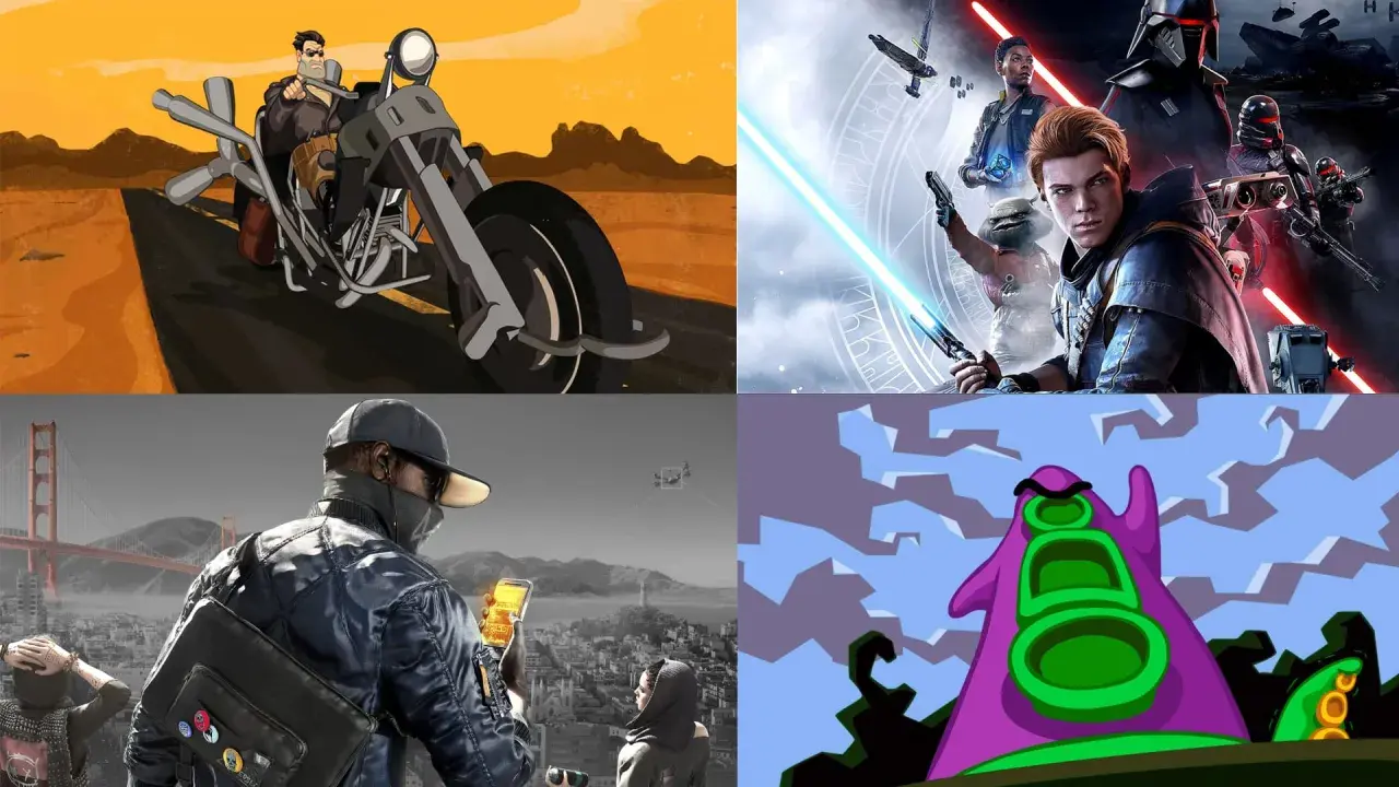Cztery sceny z gier: motocyklista na pustyni, postacie z Gwiezdnych Wojen, haker w San Francisco i fioletowa ośmiornica. Idealne dla graczy Xbox, szukających przygody.