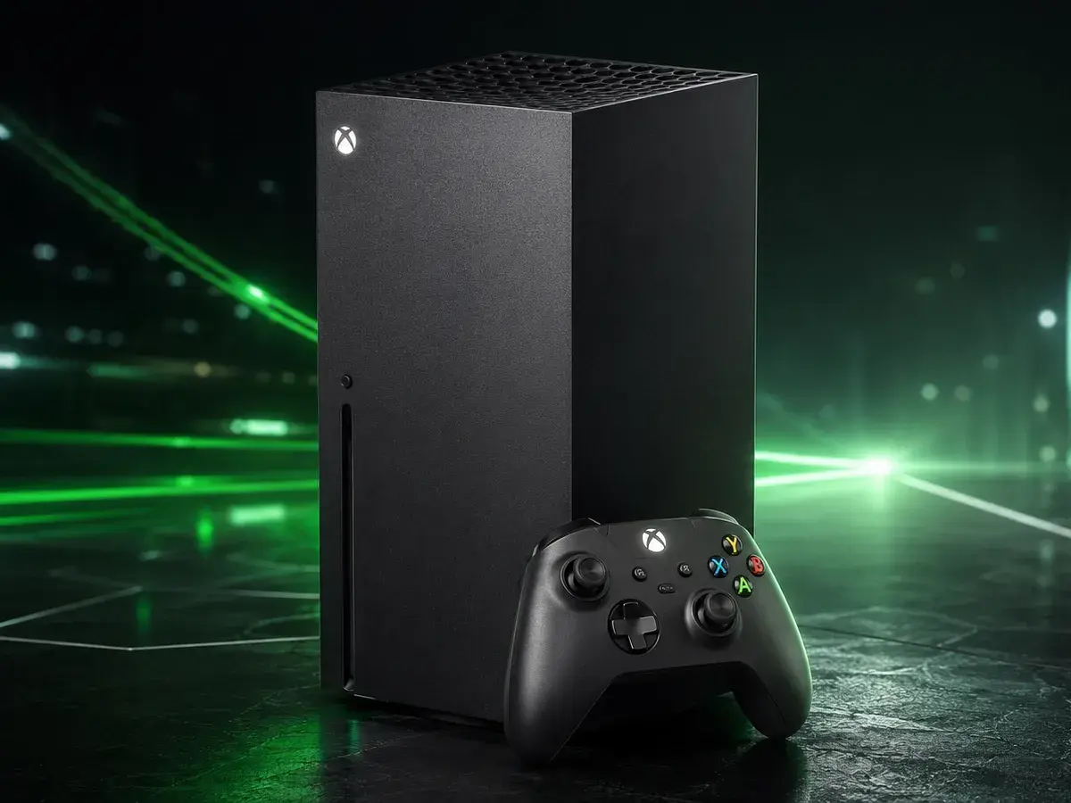 Czarny Xbox Series X, konsola nowej generacji, obok kontrolera na tle zielonych świateł.