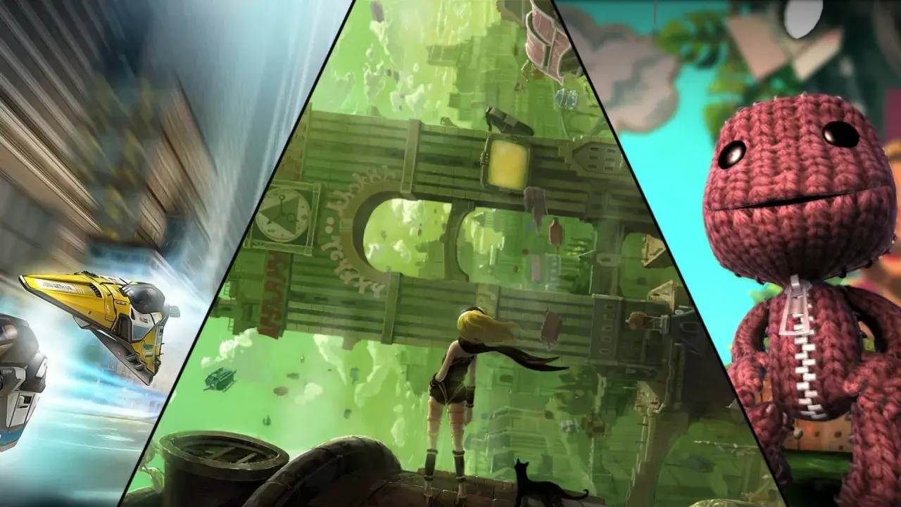 Kolaż z grafik z gier na PS Vita: żółty statek kosmiczny, dziewczyna w zielonym mieście, Sackboy.