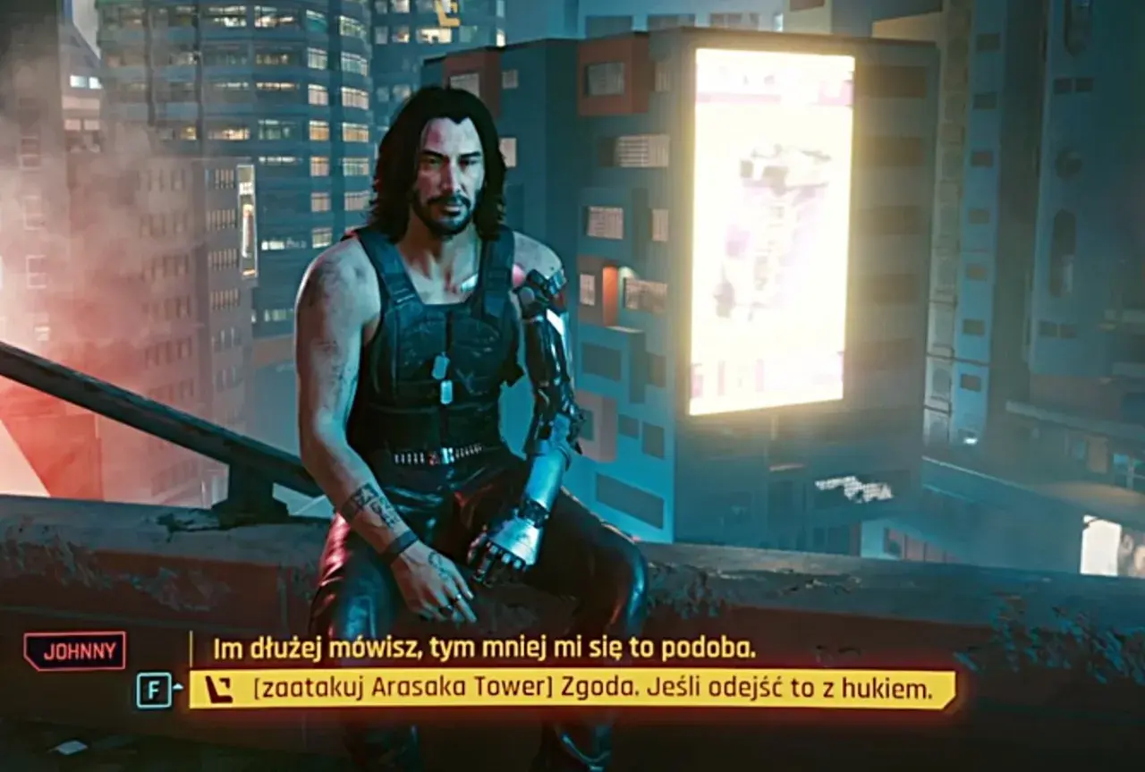 Johnny Silverhand na dachu, w tle neonowe miasto. Czy to jego cyberpunk sekretne zakończenie?