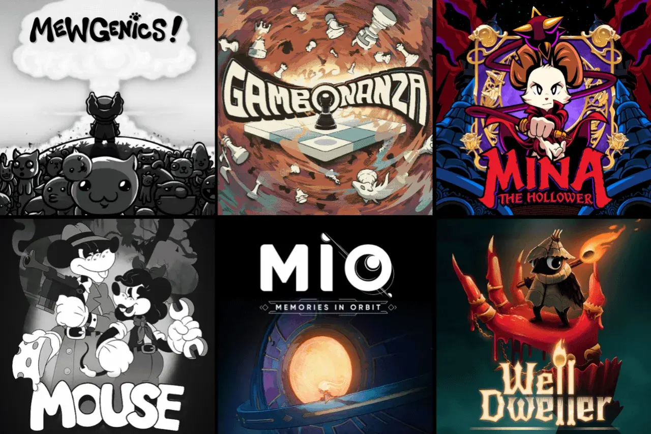 Kolekcja okładek gier: Mewgenics, Gambonanza, Mina the Hollower, Mouse, Mio: Memories in Orbit, Well Dweller – zapowiedź najlepszych gier indie.