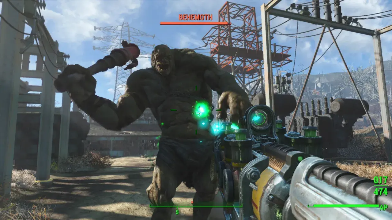 Gracz celuje w Behemota w Fallout 4. Gra wymaga odpowiedniego sprzętu, by poradzić sobie z takimi potworami.