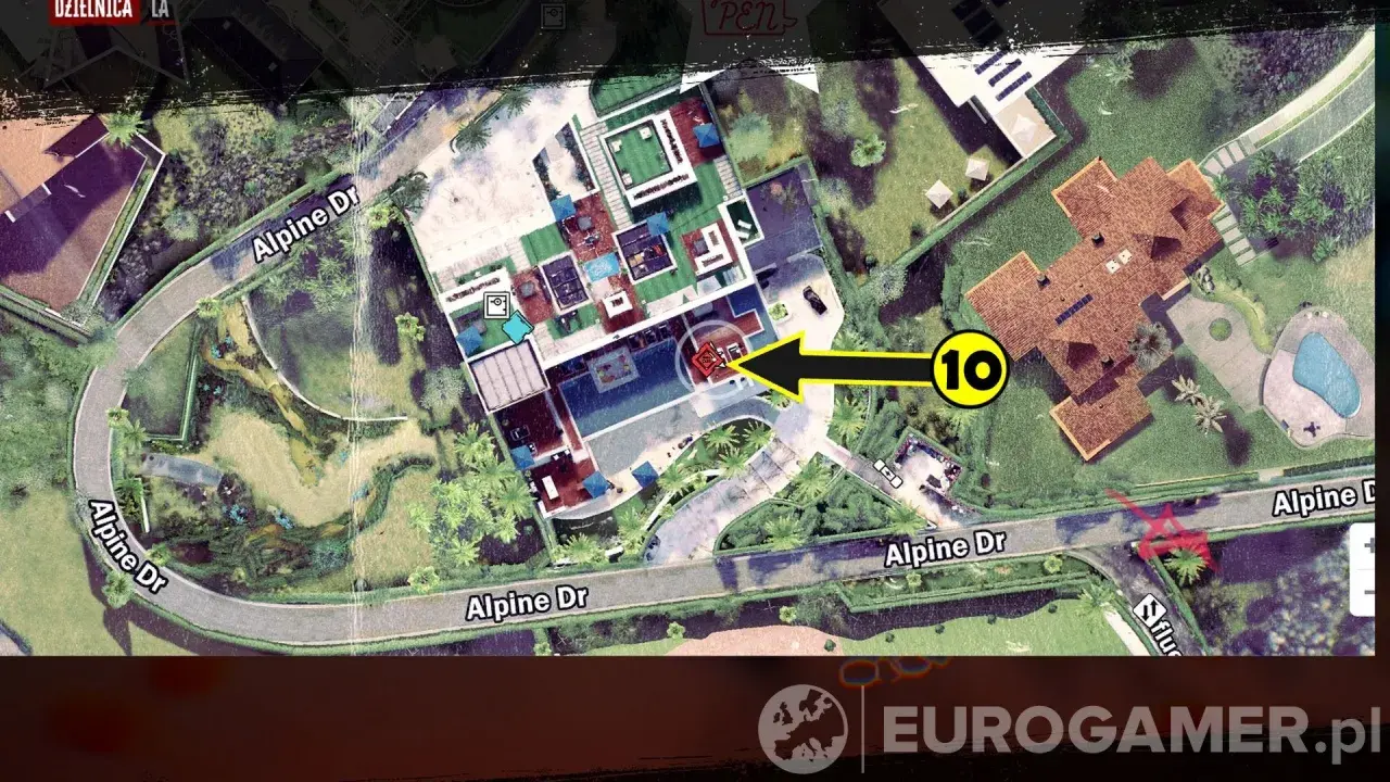 Mapa z gry Dead Island 2. Czysta kradzież! Wskazuje cel misji na posiadłości przy Alpine Dr.