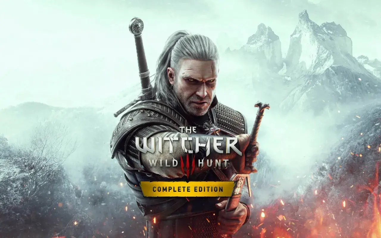 Geralt z Rivii, wiedźmin, trzymający miecz, na tle gór i płomieni. Okładka gry "Wiedźmin 3: Dziki Gon Complete Edition", sugerująca różne zakończenia.