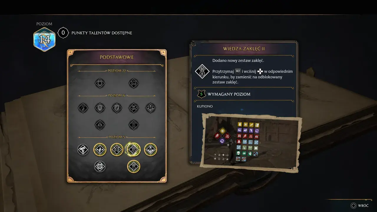 Gracz na poziomie 14 w Hogwarts Legacy przegląda drzewko talentów. Po prawej stronie widnieje informacja o nowym zestawie zaklęć.