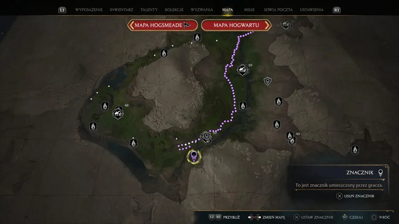 Mapa Hogwartu w Hogwarts Legacy. Fioletowa ścieżka prowadzi do studni. Spotkamy się kiedyś u studni.