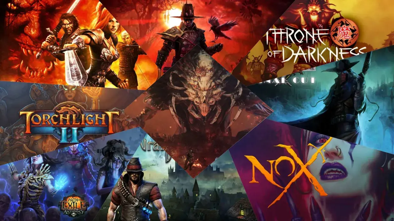 Kolaż okładek gier typu hack and slash: Torchlight II, Path of Exile, Nox, Throne of Darkness i inne.