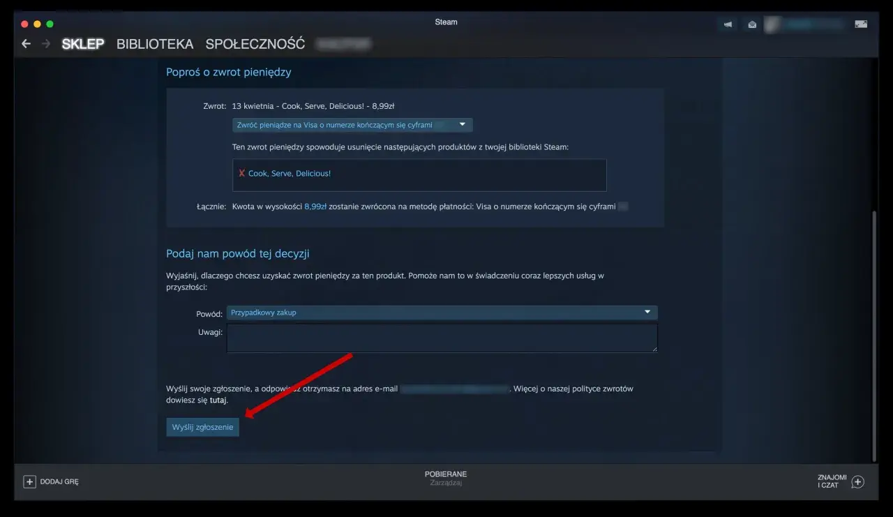 Prośba o zwrot pieniędzy za grę "Cook, Serve, Delicious!" na Steam. Powód: przypadkowy zakup.