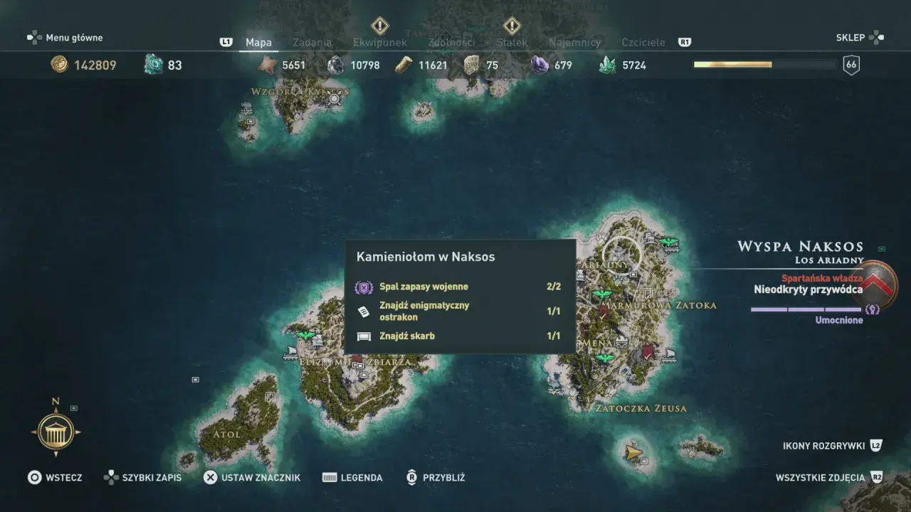 Mapa z Assassin's Creed Odyssey: Naksos, z zaznaczonymi celami misji "Kamieniołom w Naksos".