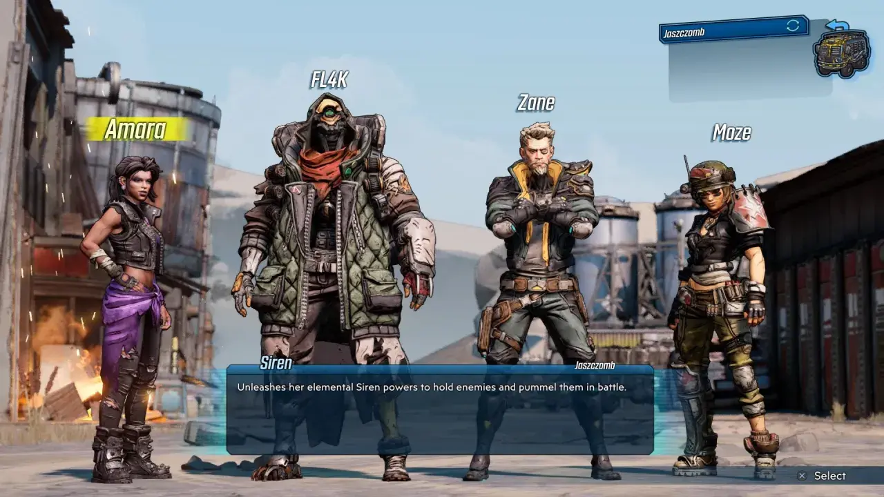 Amara, FL4K, Zane i Moze – cztery **borderlands 3 postacie** gotowe do walki.