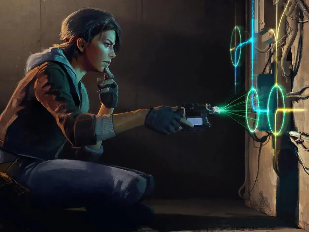 Alyx Vance z Half-Life: Alyx na PS5 manipuluje energią za pomocą swojego pistoletu, tworząc zielone wiązki światła.