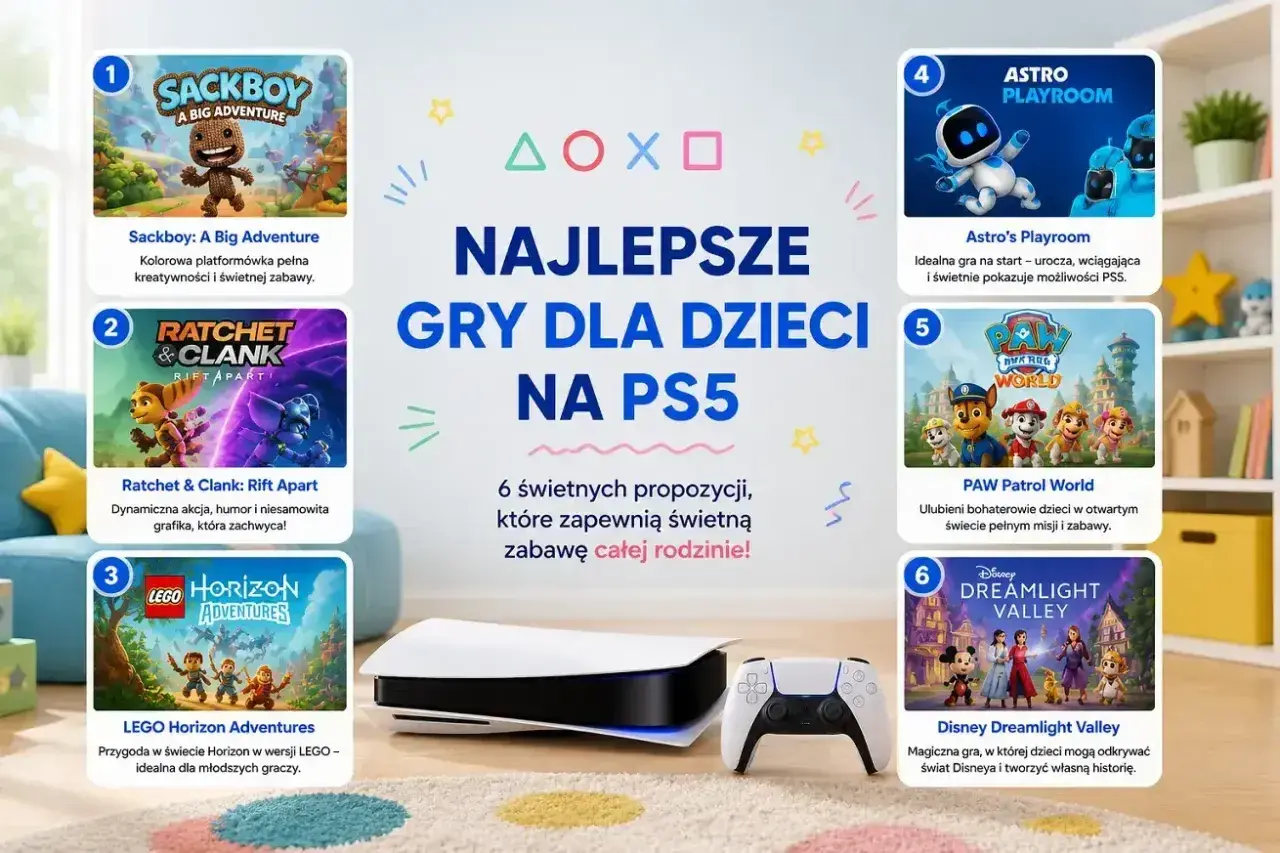 Najlepsze gry przygodowe PS5 dla dzieci: Sackboy, Ratchet & Clank, LEGO Horizon, Astro's Playroom, PAW Patrol i Disney Dreamlight Valley.