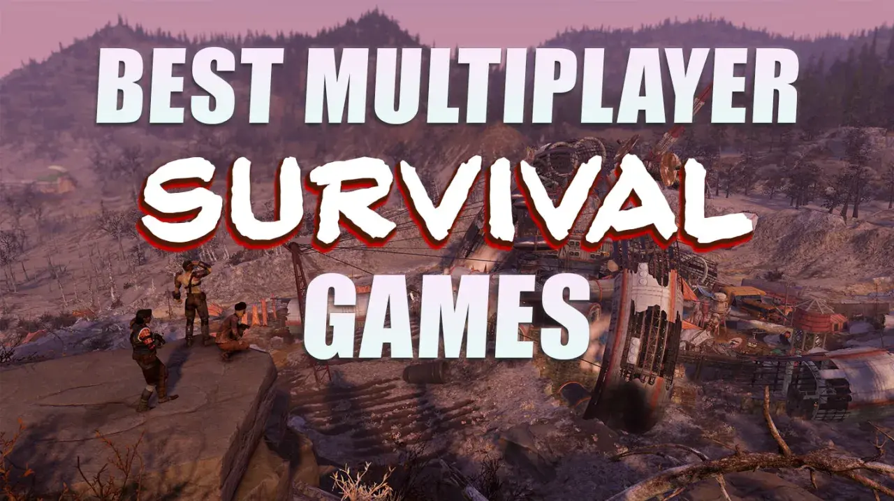 Postapokaliptyczny krajobraz z trzema postaciami, tekst "BEST MULTIPLAYER SURVIVAL GAMES".