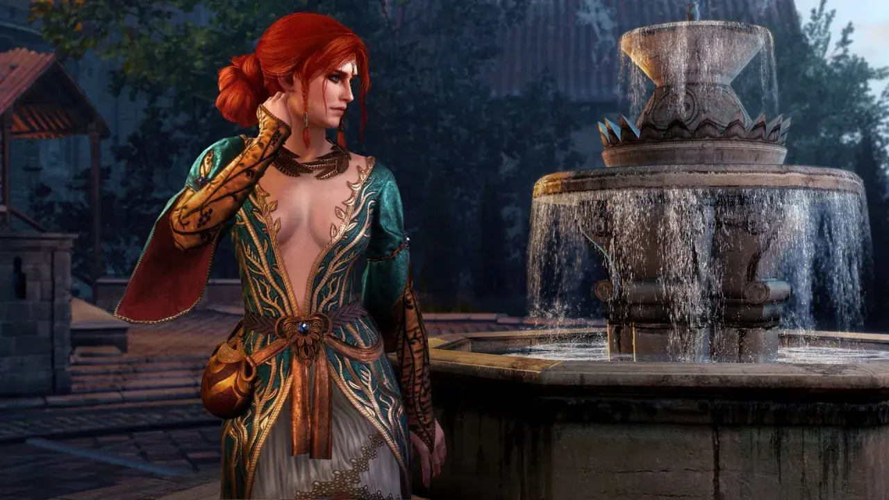Triss Merigold z Wiedźmina 3, w zielono-złotej sukni, przy fontannie. Czy jej decyzja w kwestii życia i śmierci wpłynie na losy świata?
