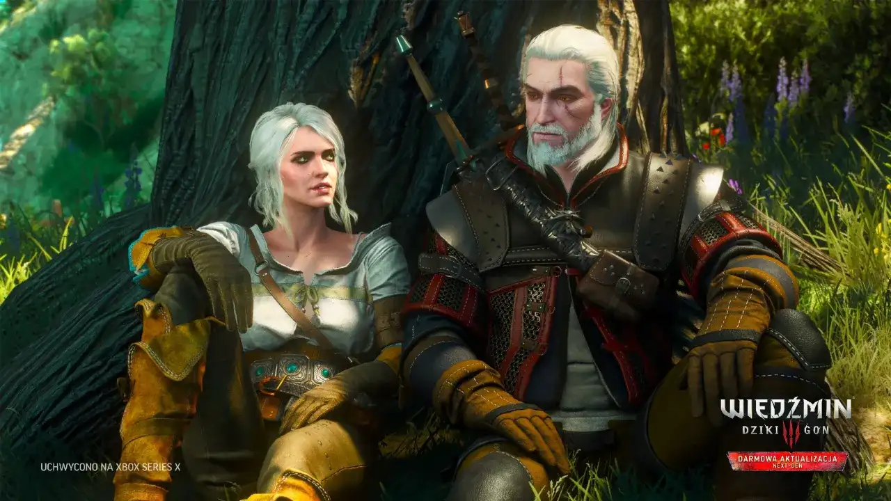 Geralt i Ciri odpoczywają w lesie, oboje w zbrojach, które wyglądają jak najlepszy rynsztunek z Wiedźmin 3.