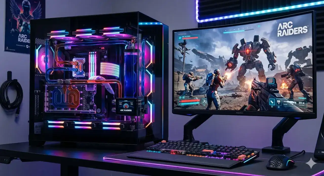 Gamingowy PC z podświetleniem RGB, na monitorze gra "Arc Raiders". Taki sprzęt z pewnością spełni wymagania "Arc Raiders".
