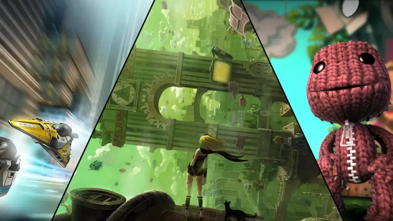 Kolaż z grafik z gier: szybki pojazd, dziewczyna w zielonym mieście i Sackboy. To najlepsze gry na PS Vita!
