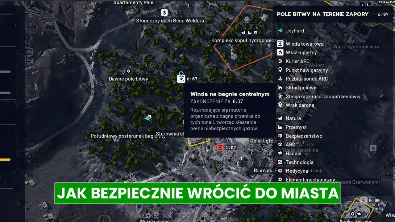 Mapa z gry Arc Raiders z zaznaczonymi celami i informacjami o polu bitwy.