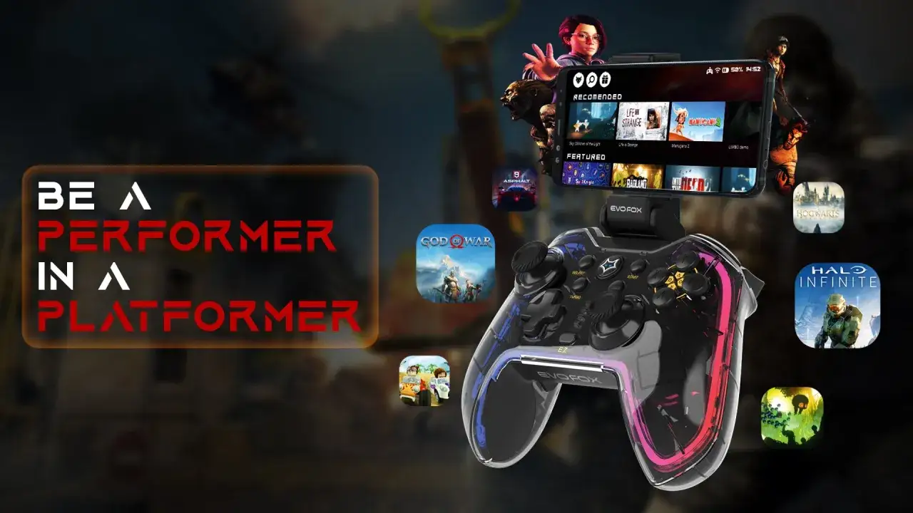Graj w gry na pada, poczuj się jak bohater platformówki. Kontroler EVOFOX i ikony gier jak God of War, Halo Infinite.