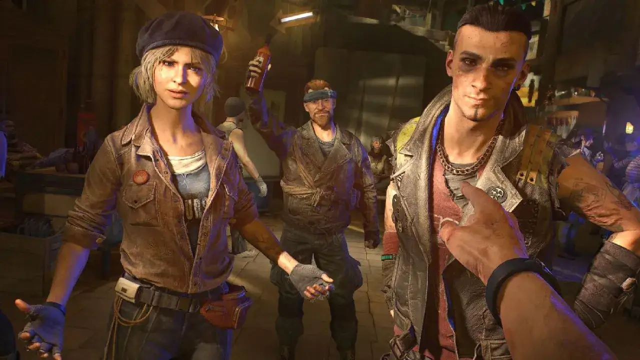 Postapokaliptyczna scena z gry Dying Light 2, gdzie bohaterowie dyskutują o zakończeniach.