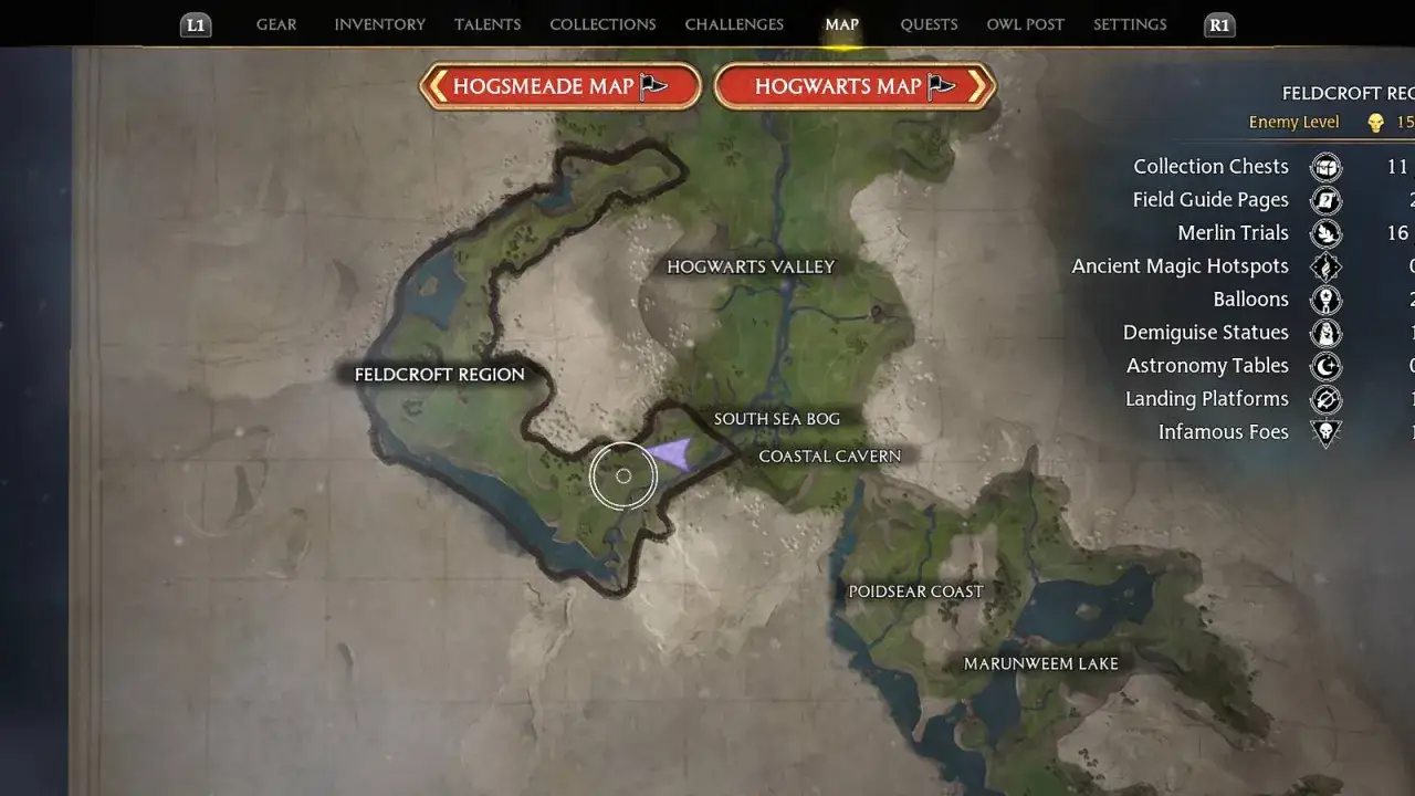 Mapa Hogwart's Legacy: Feldcroft Region, South Sea Bog, Coastal Cavern. Szukamy smarków trolla w tej okolicy.