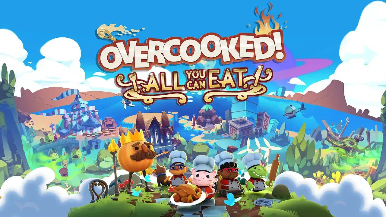 Kolorowi kucharze i dynia-kr&oacute;l przygotowują pieczonego kurczaka. Idealne gry imprezowe PS5 dla fan&oacute;w Overcooked! All You Can Eat.