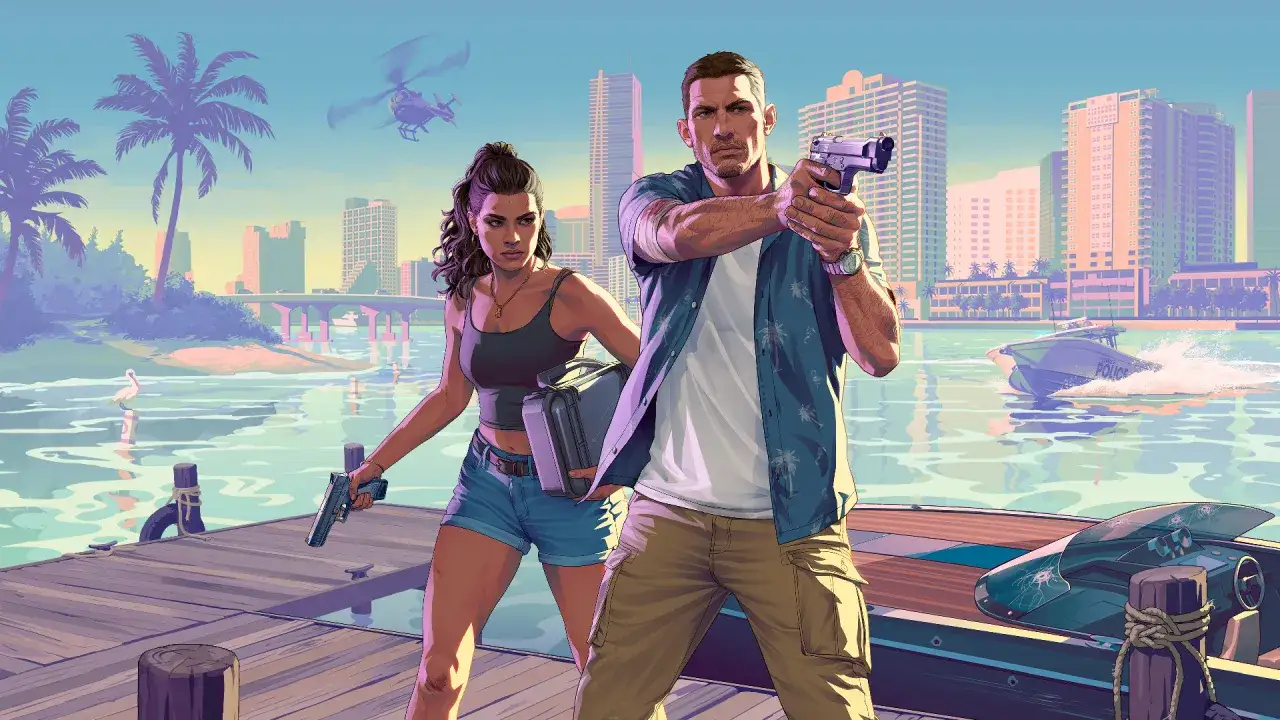 Para, z pistoletem i walizką, gotowi na akcję w GTA 6 na PS5. W tle miasto, palmy i policyjna łódź.