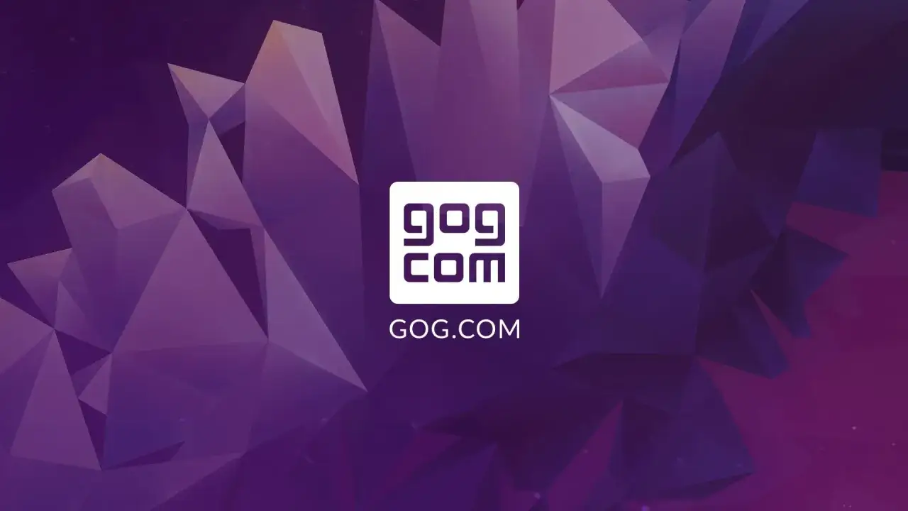 Logo GOG.COM na tle fioletowych kryształów. Odkryj gog darmowe gry i zanurz się w wirtualnych światach.