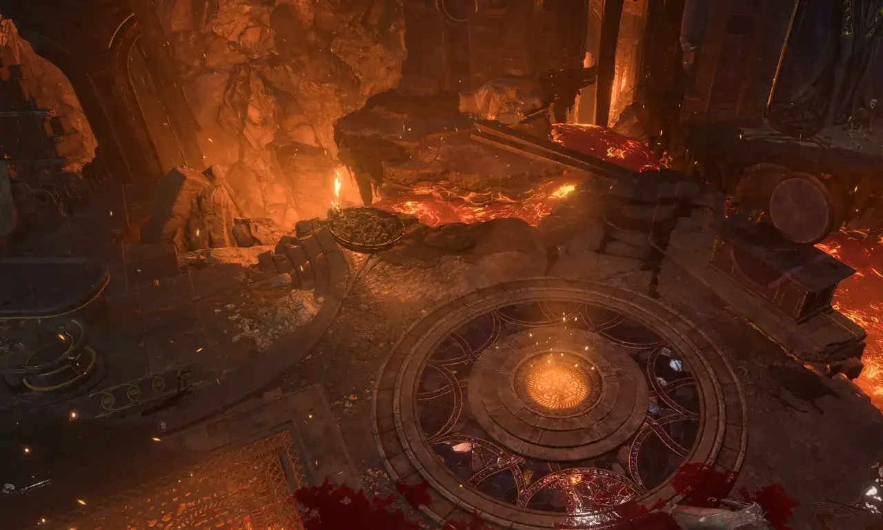 Wnętrze kuźni adamantyny w Baldur's Gate 3. Gorąca lawa, kamienne platformy i mistyczny krąg tworzą mroczną atmosferę.