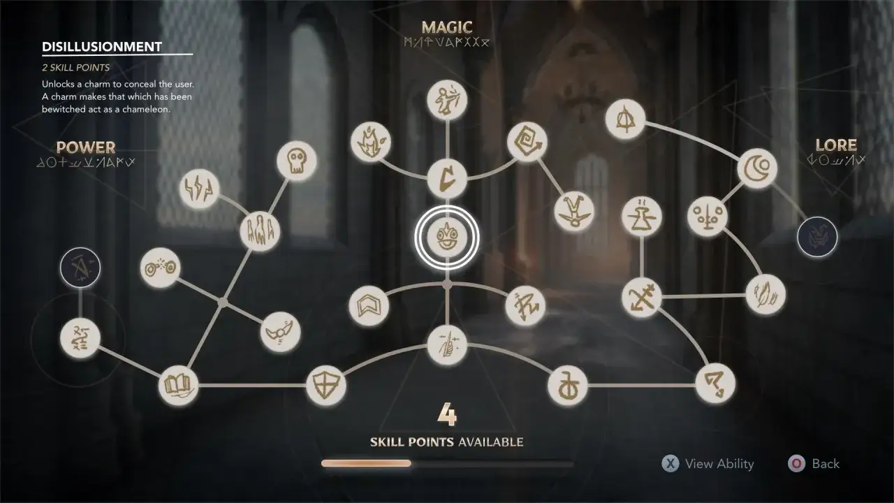 Drzewko rozwoju w Hogwarts Legacy z dostępnymi talentami. Gracz może rozwijać umiejętności w kategoriach Magia, Moc i Wiedza.