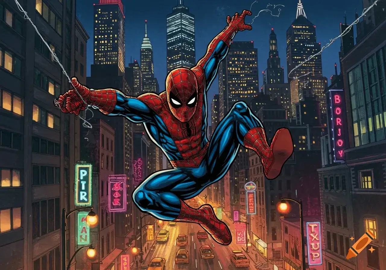 Spider-Man w akcji, przeskakujący między wieżowcami nocą. Miasto rozświetlone neonami, a pod nim ruch uliczny.