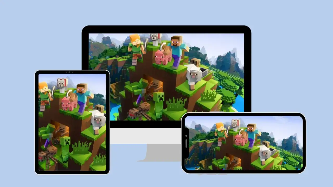 Postacie z Minecrafta na różnych ekranach, gotowe do wspólnej zabawy dzięki minecraft cross play.