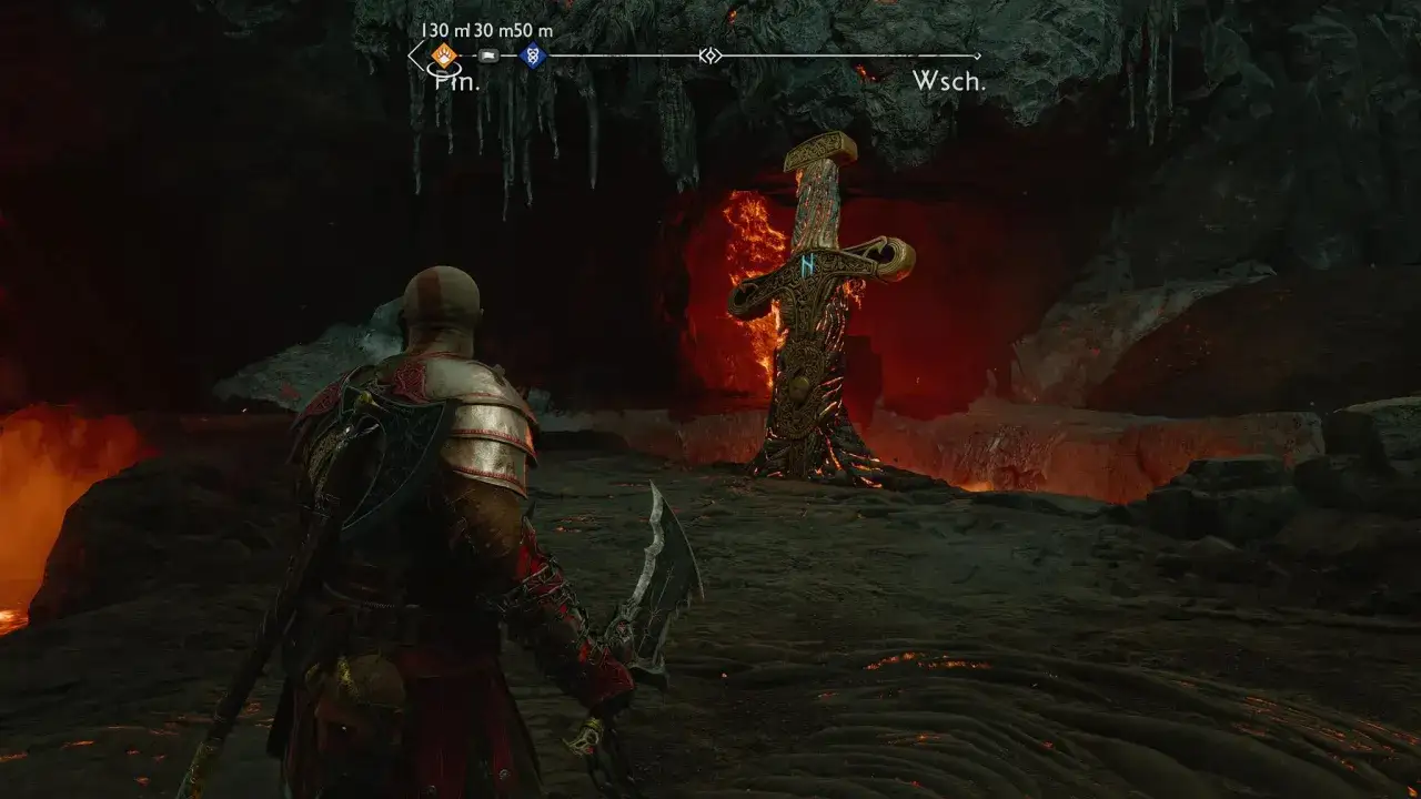 Kratos stoi przed płonącym mieczem w jaskini Muspelheimu, gdzie czeka na niego skrzynia Norn.
