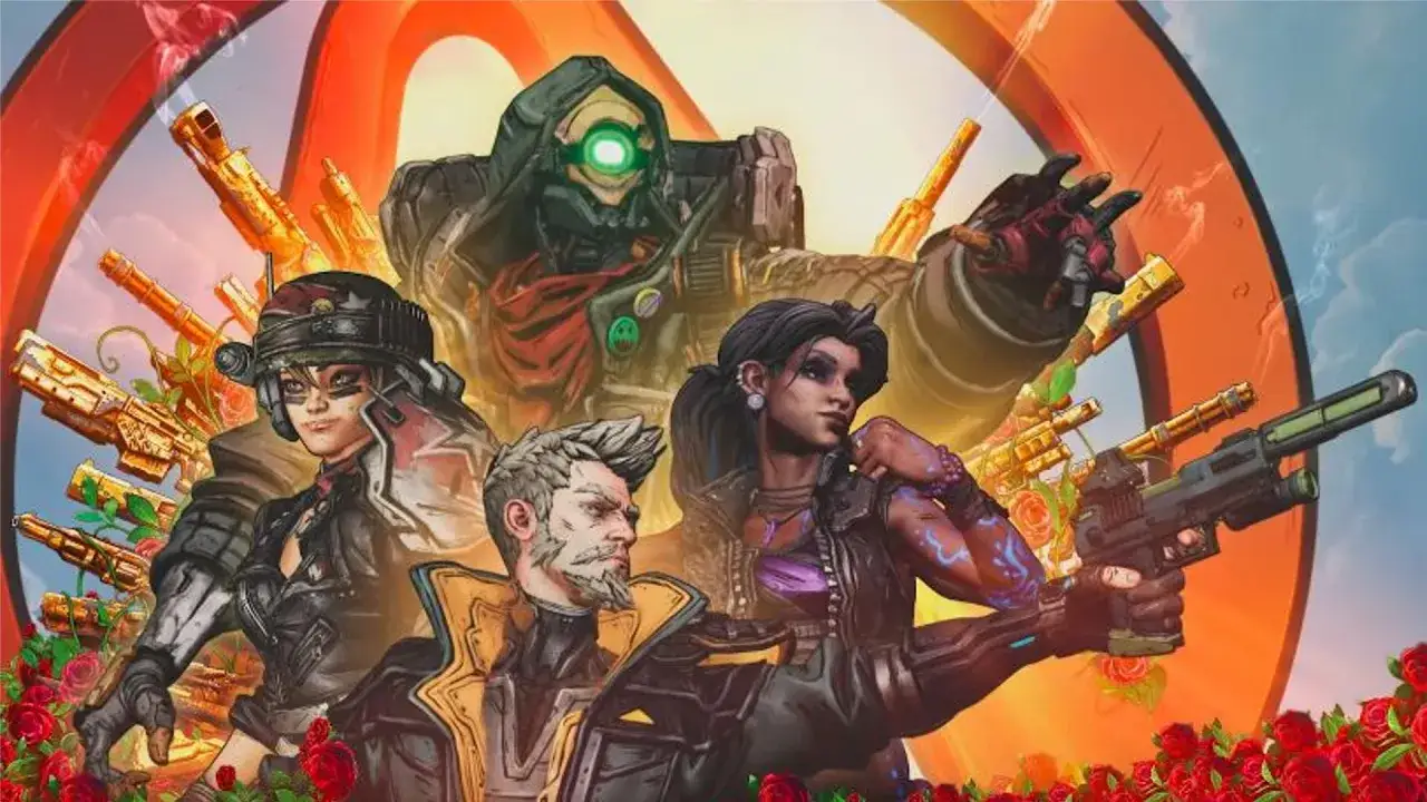 Zestawienie barwnych postaci z Borderlands 3, gotowych do akcji wśród złotych broni i czerwonych róż.