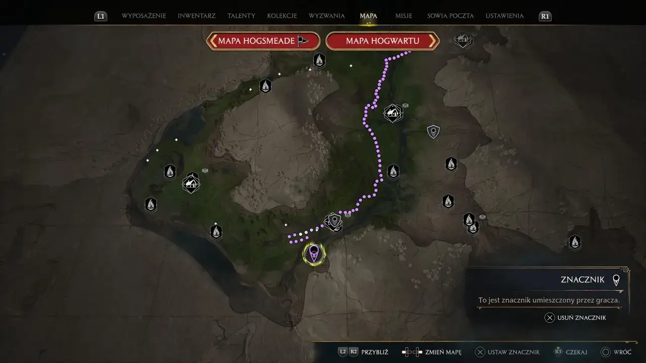 Mapa Hogwartu w Hogwarts Legacy. Fioletowa ścieżka prowadzi do celu. Spotkamy się kiedyś u studni, gdy dotrę na miejsce.